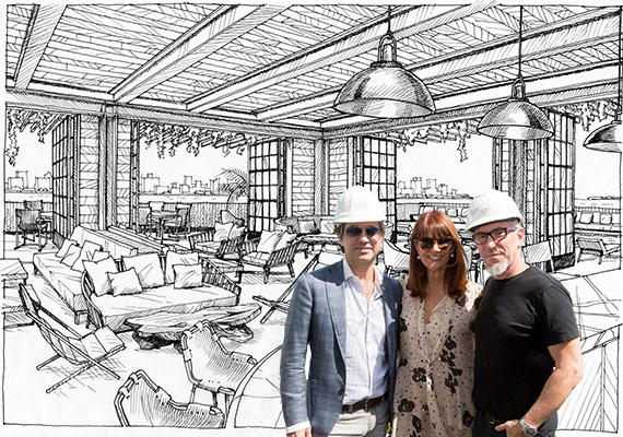 Rendering of terrace of Michael Schwartz's restaurant at Paraiso Beach Club with, from left, Will Meyer, Sonia Figueroa and Michael Schwartz