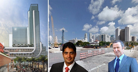 Rendering of the project and a street view of the land. Inset: Miami Worldcenter developer Nitin Motwani and MDM Group principal Ricardo Glas