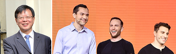 From left: CIC Chairman Ding Xuedong and Airbnb founders Nathan Blecharczyk, Joe Gebbia and Brian Chesky (Credit: Getty Images)