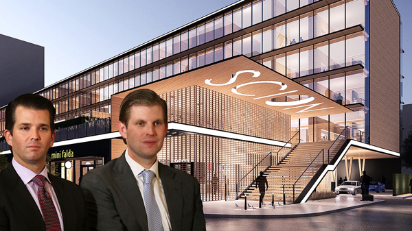 Donald Jr., Eric Trump, and a rendering of the new Scion brand of Trump Hotels  (Credit: Getty Images and Altera International via Bloomberg)