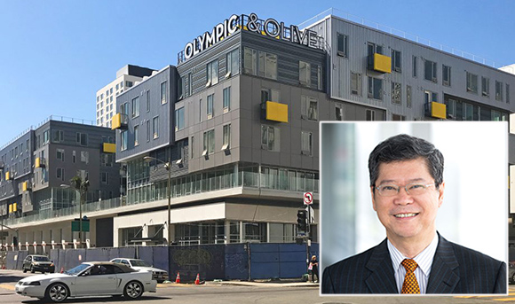 The complex at 1001 S. Olive Street and Mapletree CEO Hiew Yoon Khong (Credit: KTGY, Mapletree Investments)