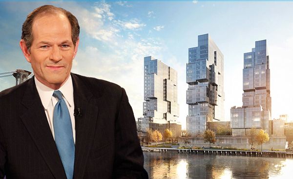 Eliot Spitzer and a rendering of 420 Kent Avenue (Credit: Getty Images and ODA)