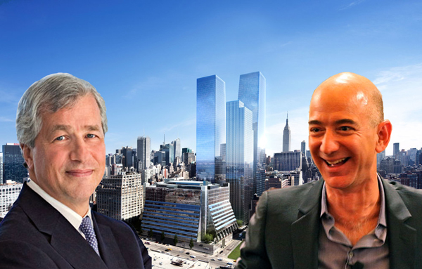 From left: Jamie Dimon, rendering of 5 Manhattan West and Jeff Bezos