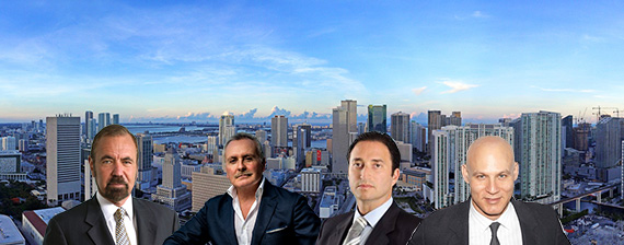 Miami aerial view (Credit: Azeez Bakare Studios). Inset: Jorge Perez, Shahab Karmely, Manuel Grosskopf and Craig Robins