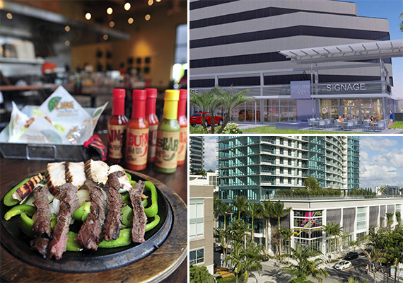 From left: A Lime restaurant, a rendering of the North Miami building and a rendering of Midtown Five