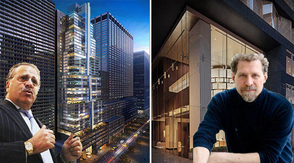 Joe Chetrit and Bruno Travalja with renderings of the Flatotel condo conversion at 135 West 52nd Street