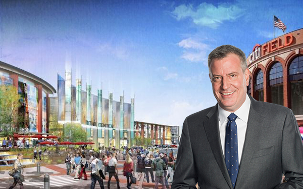 Rending of the mall and residential complex in Willets Point and Mayor Bill de Blasio