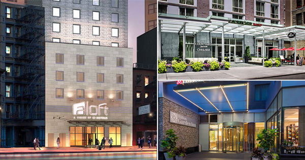 Clockwise from left: Aloft Downtown, Courtyard by Marriott Chelsea and Hilton Garden Inn Central Park South