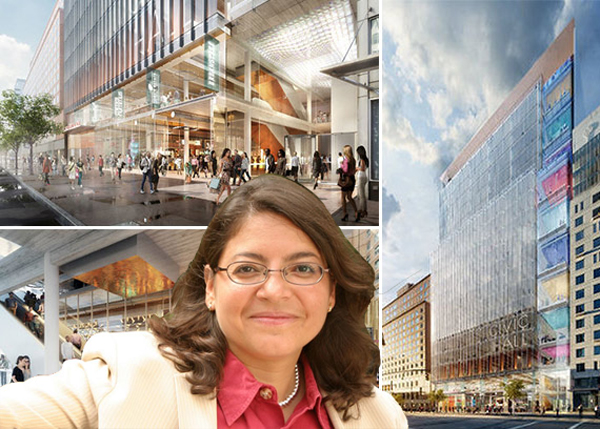 Rosie Mendez and renderings of Union Square Tech Hub (Credit: Mayor's Office of New York City via DNAinfo)