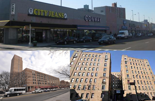 Clockwise from top: Shops At Bruckner Boulevard, 1511 Sheridan Avenue and Michelangelo Apartments