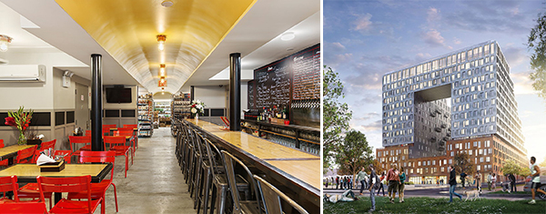 The inside of a Mekelburg’s and a rendering of 325 Kent Avenue (Credit: Mekelburg’s and SHoP Architects)