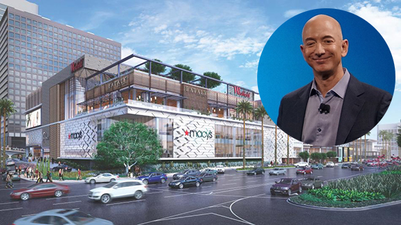 Rendering of the updated Westfield Century City mall at 10250 Santa Monica Boulevard and Amazon CEO Jeff Bezos