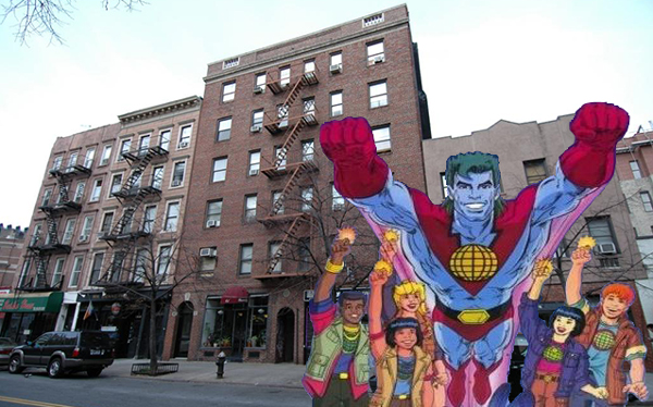 Captain Planet characters pointing their rings at 59-61 Carmine Street