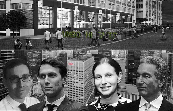 From left: Laurent Morali, Jared Kushner, Nicole Kushner Meyer, Charlie Kushner, rendering of Dumbo Heights and 666 Fifth Avenue