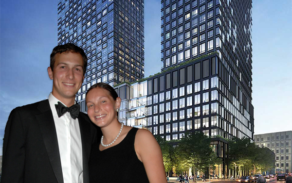 From left: Jared Kushner, Nicole Kushner Meyer and rendering of One Journal Square (Credit: Getty Images and Woods Bagot)