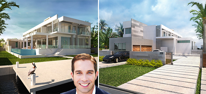 Renderings of 350 South Hibiscus Drive. Inset: listing agent Julian Johnston