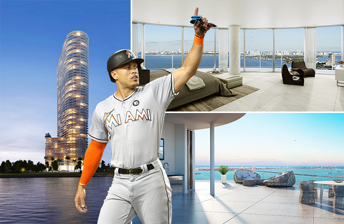 Renderings of Aria on the Bay. Inset: Giancarlo Stanton (Credit: Getty Images)
