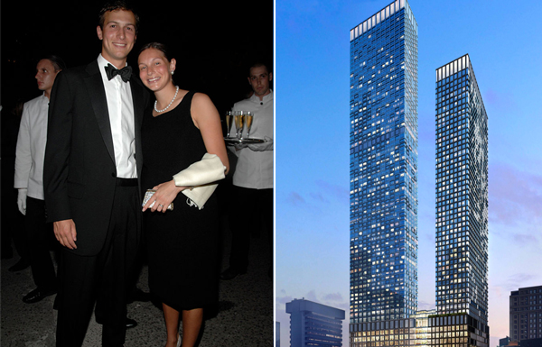 Jared Kushner and Nicole Meyer and a rendering of One Journal Square (Photo by PATRICK MCMULLAN/Patrick McMullan via Getty Images)