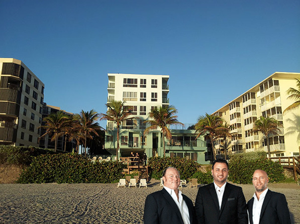 Seabonay Beach Resort. Inset: BH3 principals Charlie Phelan, Greg Freedman and Daniel Lebensohn