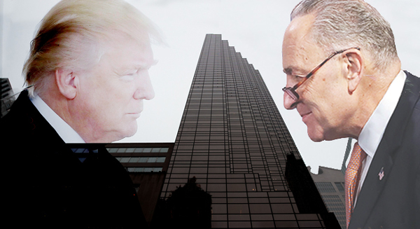 Donald Trump, Trump Tower and Chuck Schumer (Credit: Getty Images)