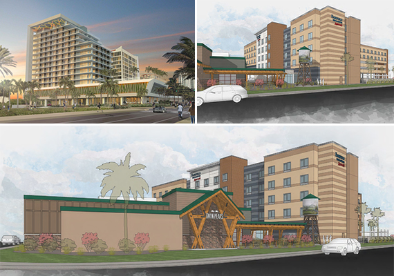 From top left, rendering of proposed boutique hotel and renderings of Fairfield Inn &amp; Suites and Twin Peaks restaurant