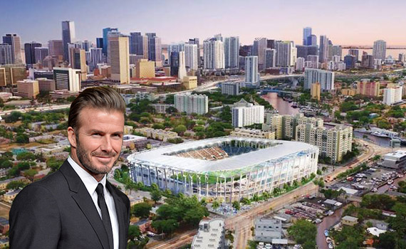 Rendering of the soccer stadium. Inset: David Beckham