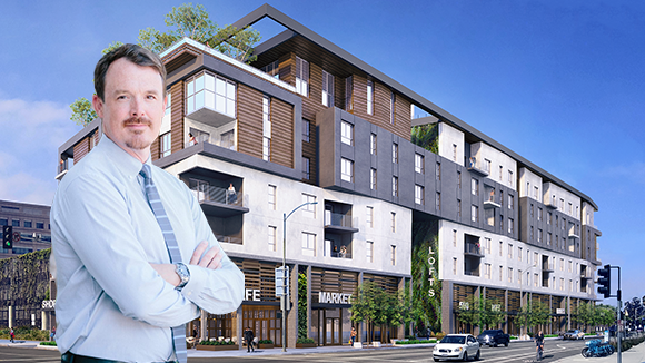 Tyson Sayles, Ensemble's head of multifamily properties, and a rendering of 500 W. Broadway