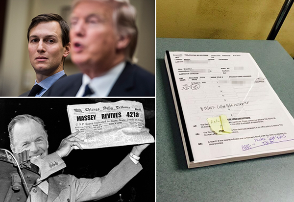 Clockwise from top left: Jared Kushner, Donald Trump (credit: Getty Images), a condo offering plan and Paul Massey (photo illustration by Lexi Pilgrim)