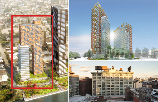 Clockwise from left: Renderings of 262 Kent Avenue, 26-01 1st Street and 20 Jay Street (Credit: SHoP, Dattner Architects and Two Trees)