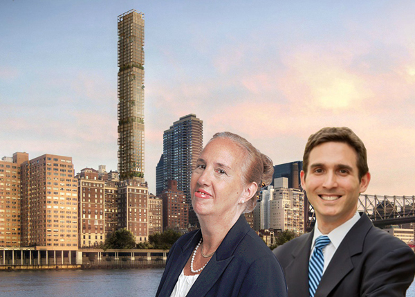 From left: Previous rendering of 3 Sutton Place, Gale Brewer and Ben Kallos