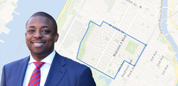 Brian Benjamin and map of South Harlem (Credit: StreetEasy)