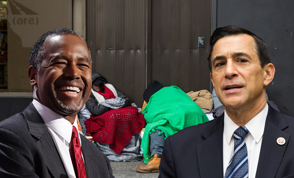 From left: Ben Carson, homeless people outside Penn Station and Darrell Issa (Credit: Getty Images)