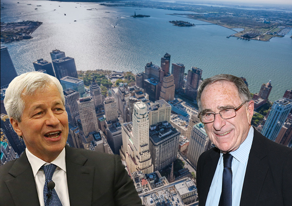 From left: Jamie Dimon, 1 Wall Street and Harry Macklowe (Credit: Getty Images and Macklowe Properties)