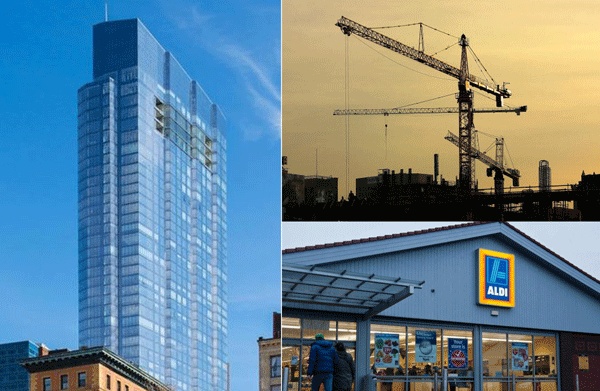 Clockwise from left: Boston's Millennium Tower, L.A. apartment construction and an Aldi grocery store.