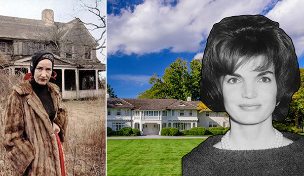 A shot from documentary film "Grey Gardens" and Jacqueline Onassis Kennedy at 121 Further Avenue