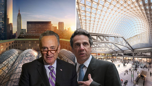 From left: Renderings of Moynihan Station, Sen. Chuck Schumer and Gov. Andrew Cuomo (Credit: SOM and Getty Images)