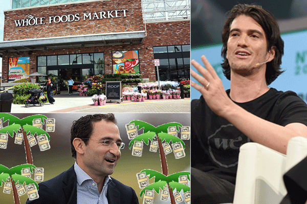 Clockwise from top: Whole Foods, Adam Neumann and Jonathan Gray (Getty)