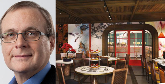 Paul Allen (Getty) and a rendering of the tea room at the h.club in Hollwood (via marketing materials)