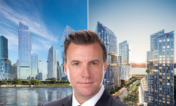 President of GID Development Group, James Linsley and renderings of Waterline Square (Credit: Noe &amp; Associates with The Boundary via CityRealty)