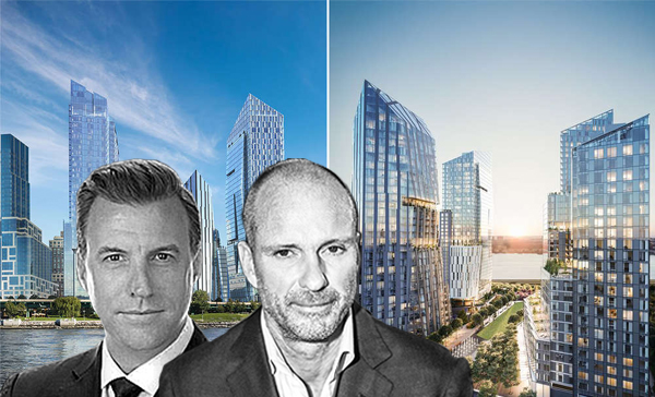 From left: GID's James Linsley, Giuseppe Cipriani and renderings of Waterline Square (Credit: Noe &amp; Associates with The Boundary)