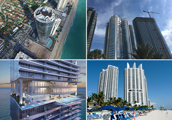 Clockwise from left: Porsche Design Tower, the skyline, Trump Royale and a rendering of Turnberry Ocean Club (Credit: ArX Solutions)