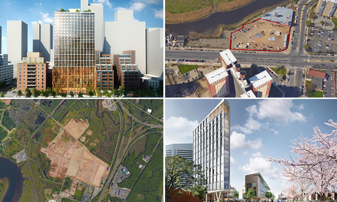 Clockwise from bottom left: Gulf Avenue site on Staten Island, rendering of 351 West 38th Street, 809 Neptune Avenue and a rendering of Cornell Tech's hotel