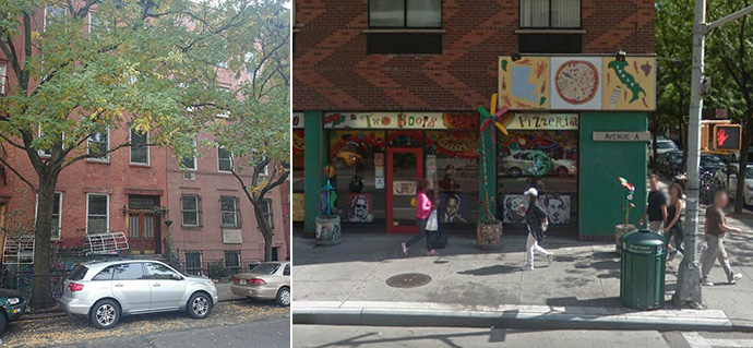 113 East 2nd Street (credit: StreetEasy) and the first Two Boots location on Avenue A