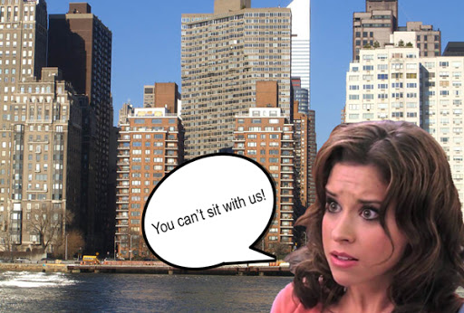 Lacey Chabert from a scene in "Mean Girls," with Sutton Place in the background