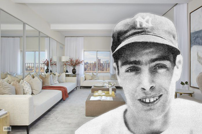 Joe DiMaggio and his former apartment at 400 West End Avenue (credit: Heritage Auctions via Wikipedia and Brown Harris Stevens)