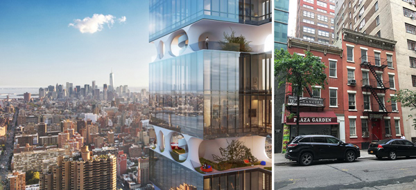 Rendering of 303-305 East 44th Street (Credit ODA New York) and the two existing buildings
