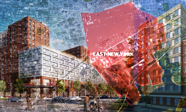 Photo illustration of a map of East New York and renderings of 3301 Atlantic Ave and 315 Linwood Street