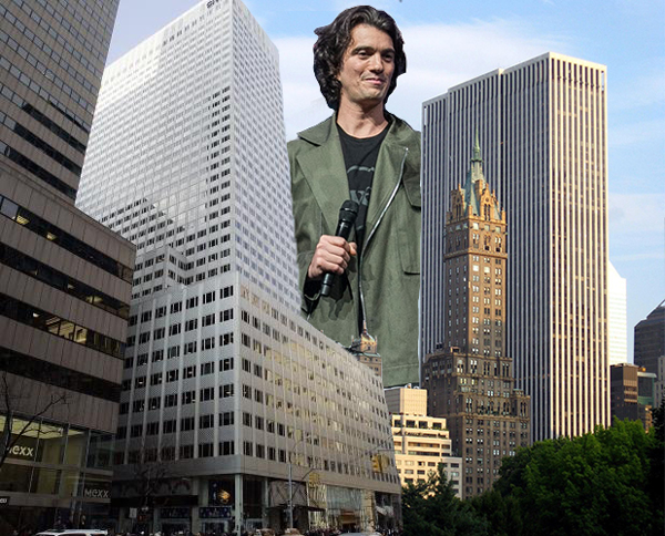 From left: 666 Fifth Avenue, WeWork's Adam Neumann (credit: Getty Images) and the GM Building