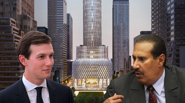 From left: Jared Kushner, rendering of 666 Fifth Avenue and Sheikh Hamad bin Jassim al-Thani (Credit: Getty Images and Zaha Hadid)