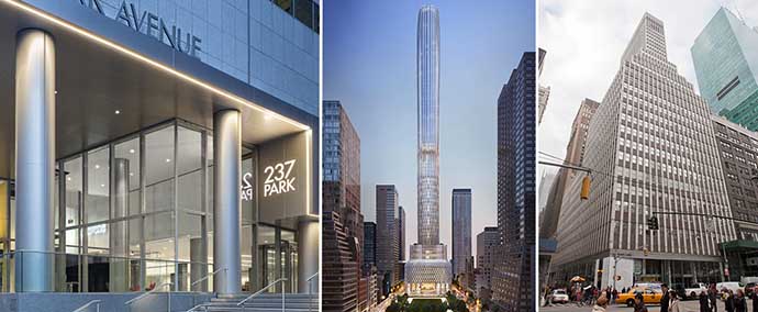 From left: 237 Park Avenue, a rendering of 666 Fifth Avenue and 5 Bryant Park